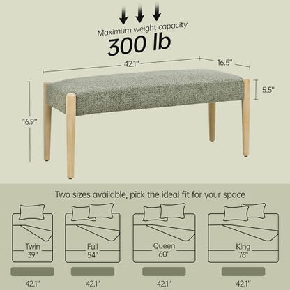 Usaint 42" End of Bed Bench with Wood Legs, Green with Oak Leg - color: Green With Oak Leg