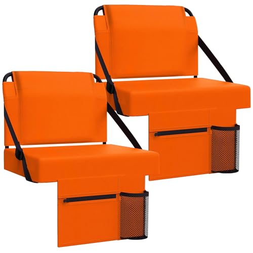 2pcs Stadium Seat for Bleachers with Back Support，Portable Bleacher Chairs with Back and Cushion，Includes Shoulder Strap and Cup Holder - color: Orange,2 Pack