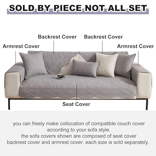 vctops Cotton Quilted Couch Cover Farmhouse Counrty Floral Embroidered Sofa Cover Non Slip Soft Scalloped Sofa Slipcover Washable Furniture Protector for Dog Pet Cat (Grey,28"x70") - color: Grey, size: 1pc/28"x70"/Rectangular