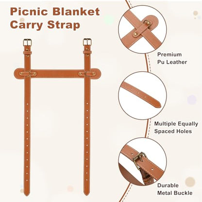 M METERXITY 2-Pack Outdoor Picnic Blanket Carry Strap, 22.8" Portable PU Leather Handle Belt Carrier with Adjustable Straps for Camping/Picnics/Travel, Motorcycle Bedrolls Carrier [Brown]