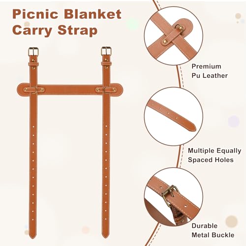 M METERXITY 2-Pack Outdoor Picnic Blanket Carry Strap, 22.8" Portable PU Leather Handle Belt Carrier with Adjustable Straps for Camping/Picnics/Travel, Motorcycle Bedrolls Carrier [Brown]