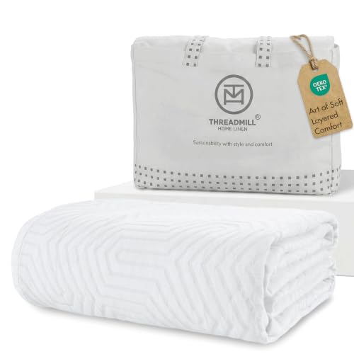 Threadmill Luxury Cotton Blankets for Queen Size Bed | All-Season 100% Cotton Queen Size Blanket | Aster Jacquard Cozy Lightweight, Soft Breathable Coverlet fits Full Size Bed, 90x92 | White - color: Aster White, size: Queen / Full