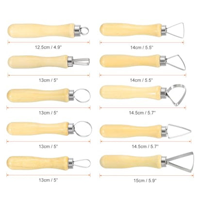 HARFINGTON 10pcs Clay Sculpting Tools Wooden Handle Stainless Steel Head | Crafts Modeling Kit, Pottery Carving Trimming Set, for Shaping Cutting Decoration Embossing