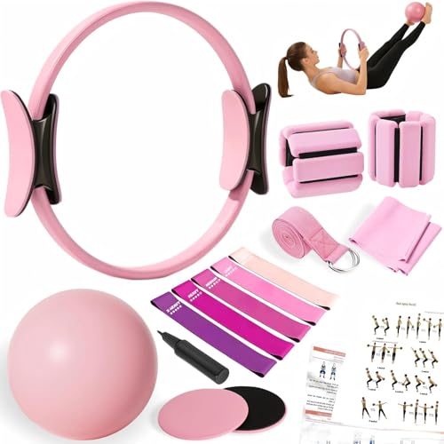Pilates Equipment Kit for Home Workout,Pilates Ring and Ball Set,Pilates Essentials Accessories Kit for Women with Core Sliders,Adjustable Ankle Wrist Weight,Exercise Resistant Bands