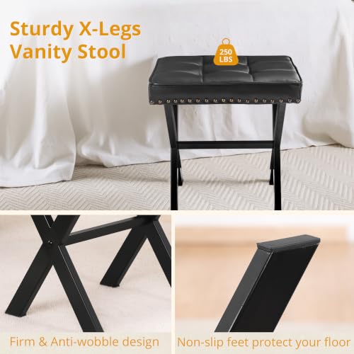 LUE BONA Vanity Stool - Square Faux Leather Makeup Seat With Metal X Legs, Small Ottoman Chair for Makeup Room, Living Room - Modern Padded Foot Rest, Black - color: Black