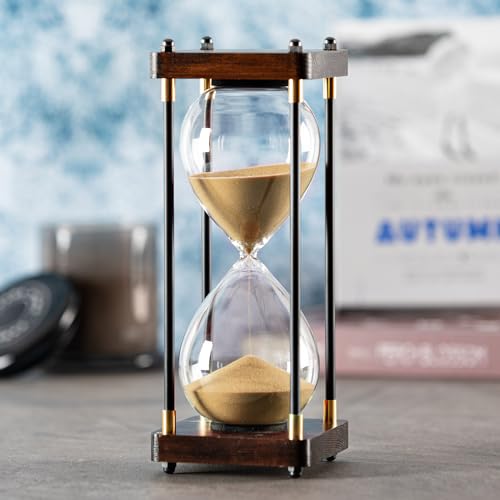 SAMLONG Large Hourglass Timer 60 Minute, Decorative Wood Sand Timer, Golden | 1 Hour Metal Sand Clock, Modern Office Home Décor - color: Golden Sand