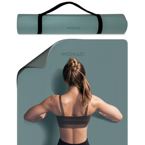 8mm Extra Wide 80cm Yoga Mat Non Slip | Spacious 80cm x 72" mat for tall users, gym, pilates. POE, reversible dual-color, non-slip, tear-proof, odorless, strap. - color: Dark green+Dark gray