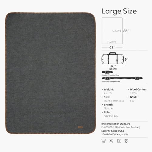 Molithe 100% Wool Blanket, 62" x 86", Warm, Thick, Military, Camping Gear - color: Smoky Gray, size: Large