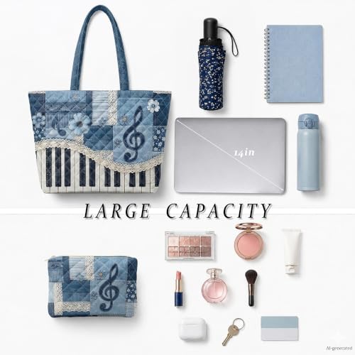 Quilted Tote Bag 2 Pack, Women's Tote Handbags for Work Travel - color: Denim Music Grey