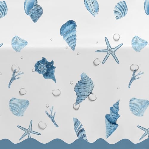 Seashell Party Tablecloth Decorations, Summer Birthday Turned Pretty | 3Pcs Disposable Ocean Sea Shell Table Cover Supplies for Birthday Starfish Blue Coasta Bachelorette Wedding 55in x 86in