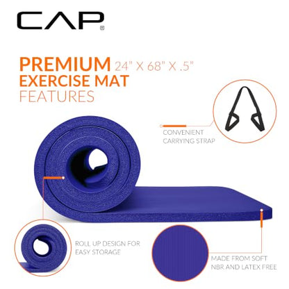 CAP 1/2" Thick Yoga Mat, Exercise & Workout Mat with Strap, Blue | Latex-free NBR foam cushions knees and joints for Pilates, stretching, core training, floor exercises and home fitness.