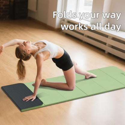 LVME Foldable Yoga Mat, 71"x24"x1/3" Thick(8mm), Non Slip Exercise Mat - color: Green+Black