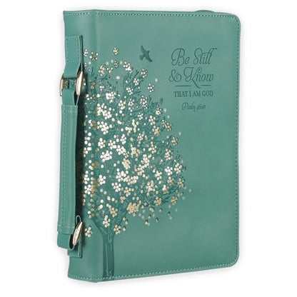 Christian Art Gifts Faux Leather Bible Cover for Women: Be Still and Know Teal Floral | Large, Handle, Sleeves, Storage Pockets, Pen Loops, Ribbon Bookmarks, Zipper, Bible Study Supplies - size: Large