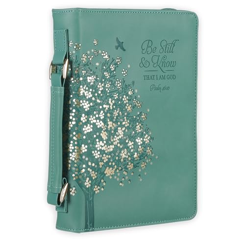 Christian Art Gifts Faux Leather Bible Cover for Women: Be Still and Know Teal Floral | Large, Handle, Sleeves, Storage Pockets, Pen Loops, Ribbon Bookmarks, Zipper, Bible Study Supplies - size: Large