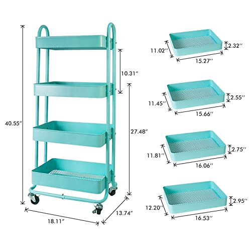 elabo 4-Tier Metal Mesh Utility Rolling Cart, Storage Organizer Trolley Services Cart with Lockable Wheels for Kitchen, Bathroom, Living Room (Blue) - color: Blue