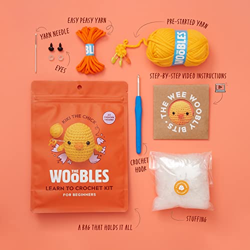 The Woobles Crochet Kit for Beginners (Kiki the Chick) | As seen on Shark Tank, Kit includes: Easy Peasy Yarn, pre-started piece, hook, safety eyes, stuffing, video tutorials - color: Kiki The Chick