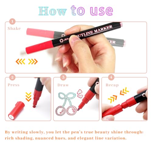 Artecho 12 Colors Self-Outline Metallic Markers | Professional Double Line, Shimmer Pens, Calligraphy, Illustration & Artist-Grade DIY Crafts