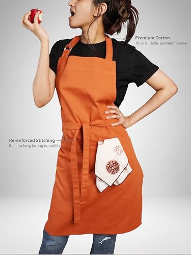 100% Cotton Kitchen Apron with 2 Pockets – Adjustable Chef Apron for Cooking Baking BBQ – Unisex Apron - color: Ochre