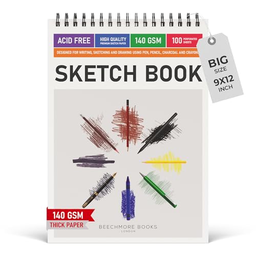 BEECHMORE BOOKS A4-9"x12" & A5-5.6"x8.5" Spiral Sketchbook - 100 Perforated Sheets 140 GSM Acid-Free White Paper, Professional Artist Sketch Pad, Art Supplies for Adults Students Drawing Notebook