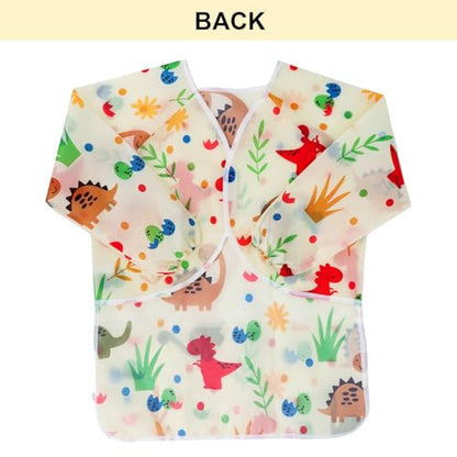 Kids Art Smocks Dinosaur Painting Aprons for Children Waterproof Artist Smock with Long Sleeve and 3 Pockets for Age 3-8 Years (Off white) - color: Off-white