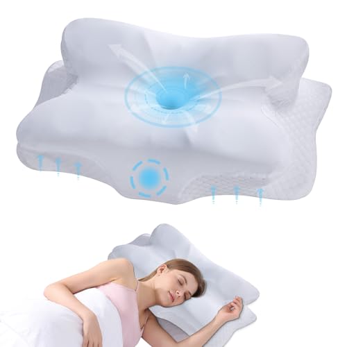 Cervical Neck Pillow - Memory Foam Pillow for Neck Support and Pain Relief, Ergonomic Contour Pillow for Side Back and Stomach Sleepers, Soft and Cooling Ice Silk Washable Pillowcase - color: White White