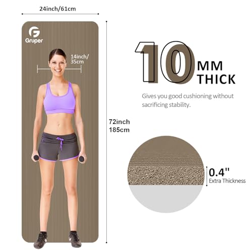 Gruper Yoga Mat Non Slip NBR Extra Thick Yoga Mat, 72"L x 32"/24"W x 0.6"/0.4"TH (185cm x 80cm/61cm x 15mm/10mm), Anti-Tear Exercise Mat with Carrying Strap and Bag, Workout Mats for Yoga, Pilates - color: Brown, size: 72 x 24 x 0.4 inches