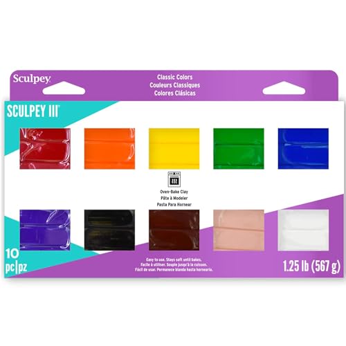 Sculpey III Polymer Clay Set - 10 Colors Oven-Bake Modeling Clay, 1oz Bars | Soft non-toxic sculpting clay for jewelry, home decor and kids crafts. Includes 10 vibrant bars that stay soft until baked