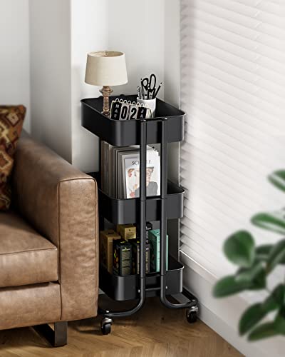 Pipishell 3 Tier Metal Rolling Utility Cart with 2 Lockable Wheels, Black | 360° Rotating Wheel, Heavy-Duty Steel, Sturdy Dual Columns, Ventilated Mesh, Hold 22 lbs per Shelf, for Kitchen & Dining Room - color: Black, size: 3 Tier