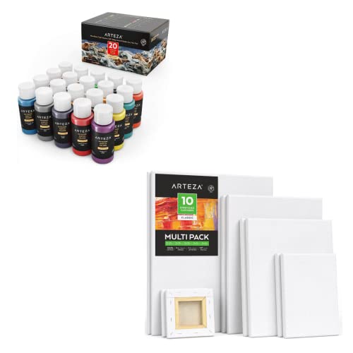 Arteza Outdoor Acrylic Paint, Set of 20 Colors and Arteza Stretched Canvas, Multipack of 10, 4x4, 5x7, 8x10, 9x12, and 11x14 Inches – 2 of Each, Art Supplies for Acrylic Pouring and Oil Painting