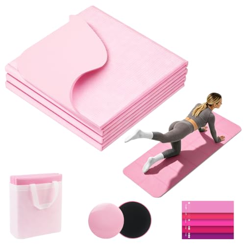 Foldable Yoga Mat with Resistance Band & Sliding Discs, 0.24" Thick Eco-Friendly TPE Non-Slip Workout Mat, Portable for Yoga, Pilates, Home Gym & Travel (72." x 24" x 0.24") - color: PInk