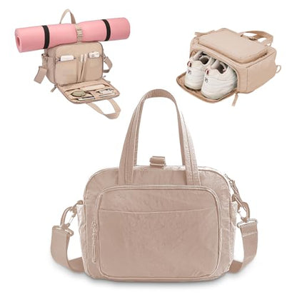 mini gym bag for women, travel duffel bag with wet pockets and Shoe Compartment,Lightweight carry on weekender duffel, water resistant,for sports,yoga,dance,khaki - color: khaki