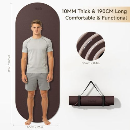 WeiLa Extra Thick Yoga Mat (10mm), Large TPE Workout Mat 74"x28" with Strap - color: Brown & Apricot