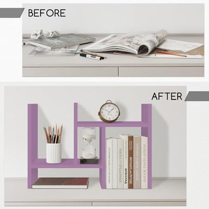 Jerry & Maggie Desktop Organizer Office Storage Rack Adjustable Wood Display Shelf Free Style Double H, Multi-Functional Mini Bookshelf for Desk Natural Stand (Violet) - color: Violet