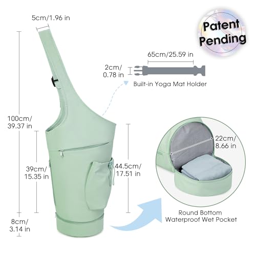 sportsnew Yoga Mat Bag, Large Opening Long Tote Yoga Mat Carrier Holder Bag with Waterproof Wet Pocket and Drawstring Water Bottle Pocket, Adjustable Shoulder Strap Storage Bag, patent pending - color: Mint Green