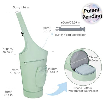 sportsnew Yoga Mat Bag, Large Opening Long Tote Yoga Mat Carrier Holder Bag with Waterproof Wet Pocket and Drawstring Water Bottle Pocket, Adjustable Shoulder Strap Storage Bag, patent pending - color: Mint Green