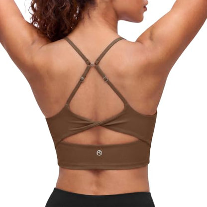 Aoysky Womens Strappy Sports Bra Adjustable Cross Back Longline Crop Top | Buttery soft fabric, Removable padded cups, Convertible straight/cross back, U-neck longline, Yoga gym pilates daily wear - color: Brown, size: X-Small