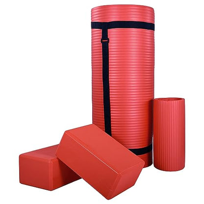 BalanceFrom 71x24 Inches Yoga Mat with Knee Pad and Optional Blocks – Extra 1-Inch Thick Non-Slip Foam with Anti-Tear Surface and Carrying Strap for Home, Studio, or Gym Workouts - color: Red, style: Mat & Knee Pad & Yoga Blocks