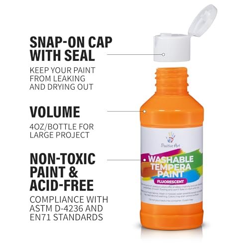 Neon Fluorescent Washable Tempera Paint – UV-Reactive Under Blacklight, 6 Bright Colors, 4 fl oz Bottles, Non-Toxic Kid-Safe Craft & Classroom Paint, Made in USA - color: Neon