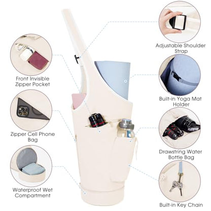 sportsnew Yoga Mat Bag, Large Opening Long Tote Yoga Mat Carrier Holder Bag with Waterproof Wet Pocket and Drawstring Water Bottle Pocket, Adjustable Shoulder Strap Storage Bag, patent pending - color: Beige