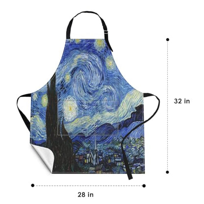 Apron with Pockets, 32x28 inch, for Women Men, Blue | Starry Night Oil Painting Waterproof Adjustable Bib Aprons for Kitchen Cooking Baking Painting Gardening - color: Van Gogh Oil Painting