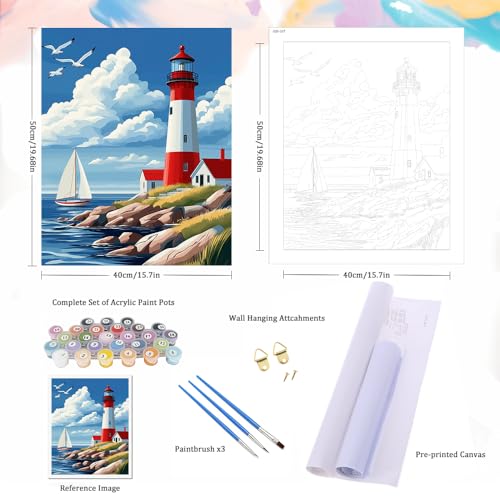 Natuyalo Lighthouse Paint by Numbers Kit for Adults Beginner Seaside Scenery DIY Painting Kits for Adults - Linen Canvas, Acrylic Pigment, 3 Paint Brushes, Waterproof Durable, Frameless, 16x20 Inch - color: PIC-07