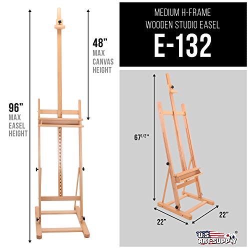 U.S. Art Supply Medium Wooden Studio H Frame Easel with Storage Tray | Adjustable to 96" High, Holds Canvas up to 48" - Beechwood Artist Easel for Painting, Art Display Stand, Portraits