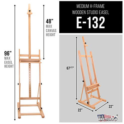 U.S. Art Supply Medium Wooden Studio H Frame Easel with Storage Tray | Adjustable to 96" High, Holds Canvas up to 48" - Beechwood Artist Easel for Painting, Art Display Stand, Portraits