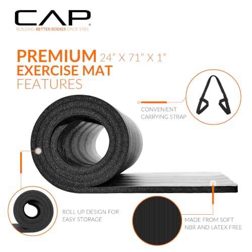 CAP Barbell 1-Inch High Density Exercise Yoga Mat with Strap | Multiple Colors - color: Black