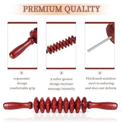 Liitrton Manual Wooden Massage Roller Stick for Muscle Relief, Red | Smooth Body Roller, Wood Therapy Massage Tools for Trigger Point Relief, Legs Sore Muscle Recovery - size: 9-Wheel-Red
