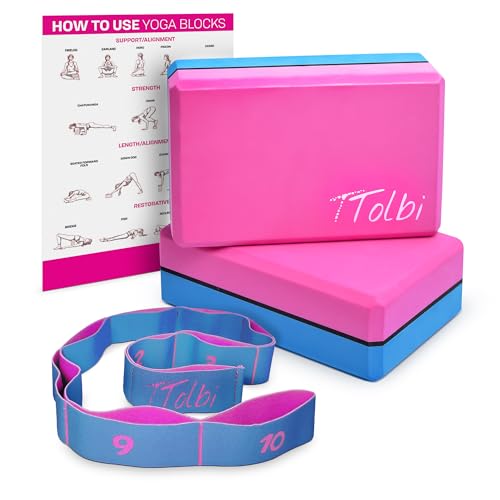 Yoga Blocks 2 Pack with Strap and Guide – Soft Non-Slip EVA Foam Blocks | High-Density Pilates Blocks for Home Workouts, Dance, Ballet, Gymnastics & Stretching Exercise, Dance Accessories and Gifts - color: Pink/Blue - Stretch Band Blue
