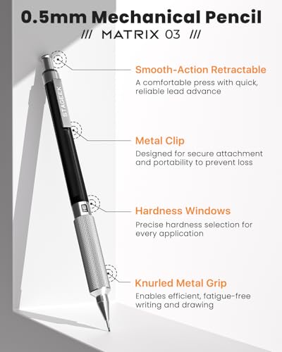 STAGEEK 0.5mm Mechanical Pencil, Drawing Pencil, with Eraser, 60 HB Leads | Professional Metal Art & Drafting Pencil, for Artists, Students, School, Office, Writing, Sketching, Black - color: Black