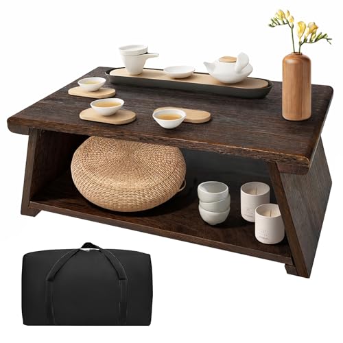 Japanese Low Floor Table Folding Coffee Tables,23''x13.5'' Paulownia Wood Tables Tatami Tables Meditation Table Altar with Storage - color: Walnut Color