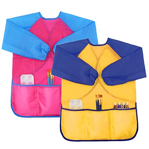 Zkptops 2 Pack Kids Art Smock Colorful Waterproof Children Art Aprons Artist Painting Aprons with Long Sleeve 3 Roomy Pockets for Age 3-7 Years,Yellow and Pink - color: 2 Pack Pink/Yellow