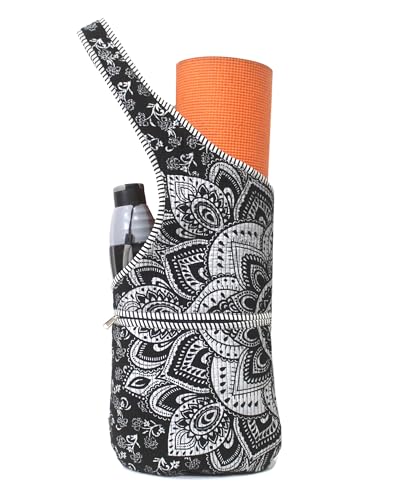 INDIAN CRAFT CASTLE Yoga Mat Bag | Tote Mat Bag | Sling Yoga Tote w/Large Side Pocket & Zipper Pocket | Yoga Mat Carrier Fits Most Size Mats - color: Black Silver